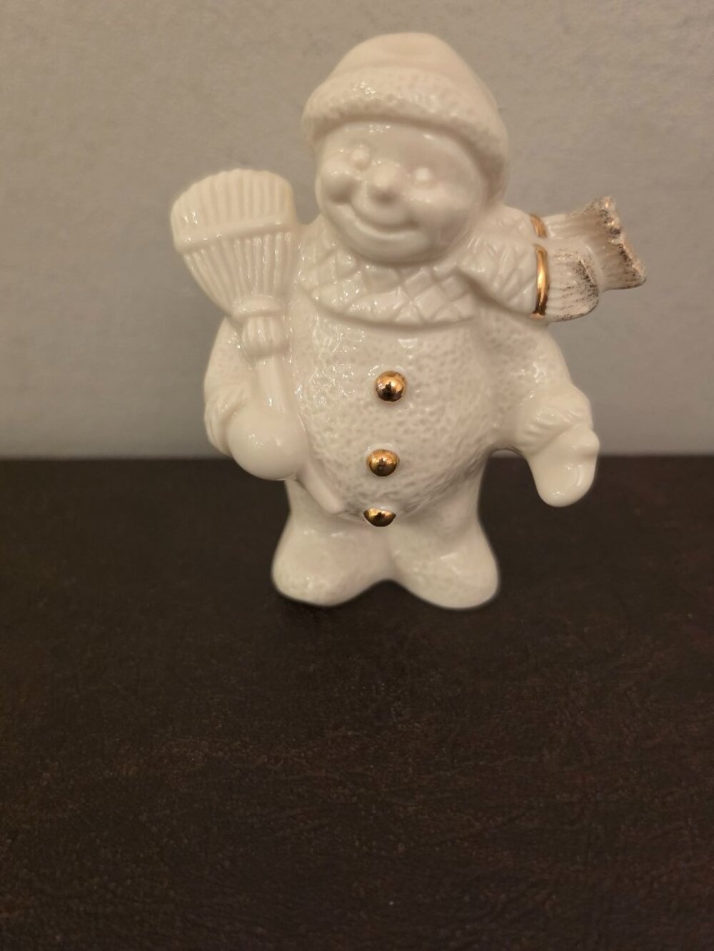 Lenox Snowman Figurine with Broom Gold Tone Accents